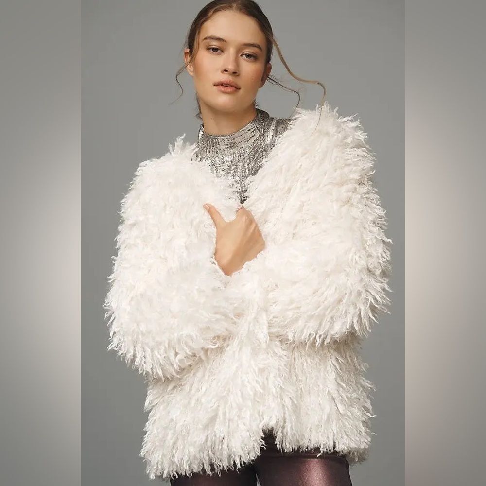 NWT Anthropologie Shaggy Faux-Fur Cardigan Sweater - White Size M